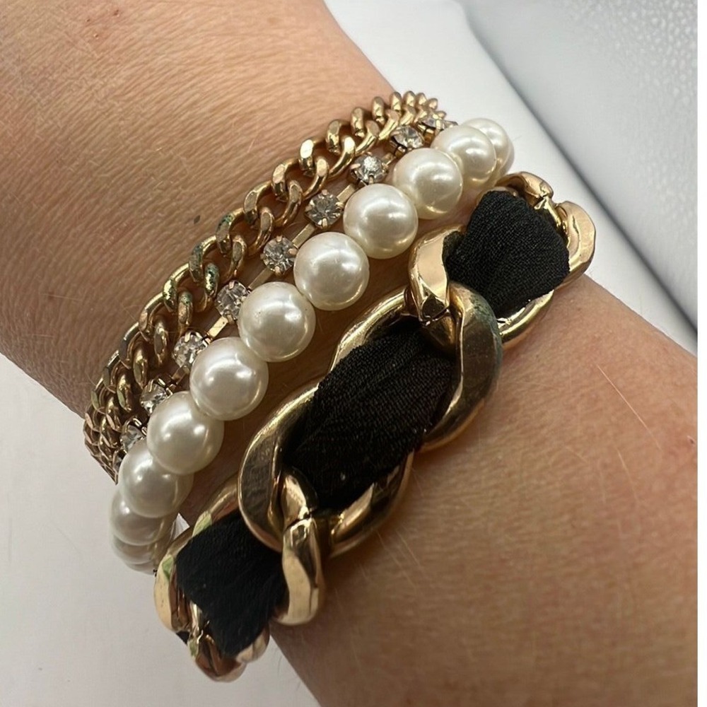 Chunky Gold Tone Layered Bracelet Pearl Rhinestone Boho Preppy Evening Formal